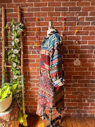 OOAK Summer Collection- Upcycled Grateful Dead Inspired Geometric Woven Button Up Tunic Top Shacket