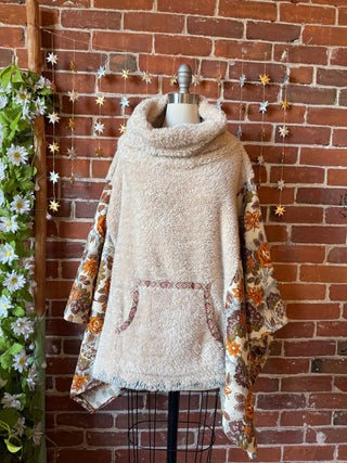 OOAK Winter Collection - Upcycled Sherpa Fleece Vintage Flower Fabric Poncho Sweater