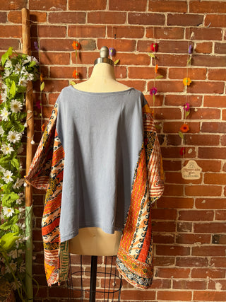OOAK Summer Collection- Upcycled Led Zeppelin Inspired Vintage Butterfly Patch Hi Lo Kantha Poncho Tee