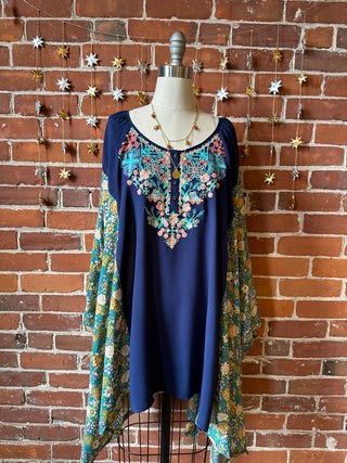 Upcycled Flowy Floral Embroidered Poncho Top