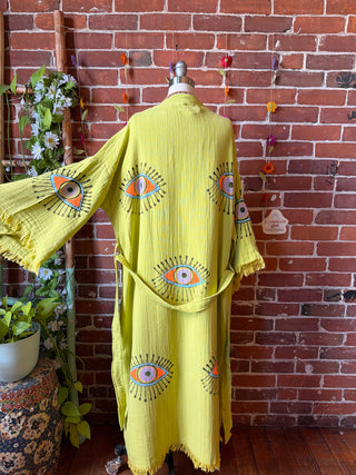 Soft Lime Evil Eye 100% Cotton Kimono Robe  - Fair Trade Made