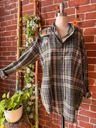 OOAK Autumn Collection- Unisex Size Upcycled Kantha Detail Button Up Plaid Wild Daisies