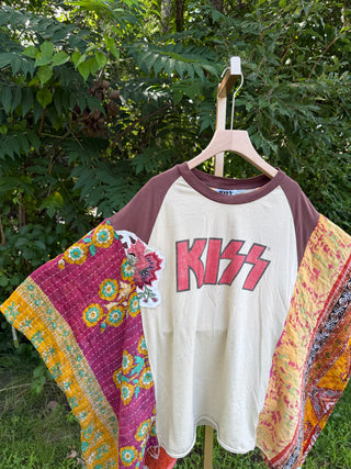 OOAK Summer Collection- Upcycled KISS Inspired Vintage Embroidered Flower Patch Kantha Poncho Tee