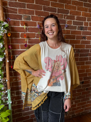 Dolly Parton Inspired Yellow Tassel Embroidered Poncho