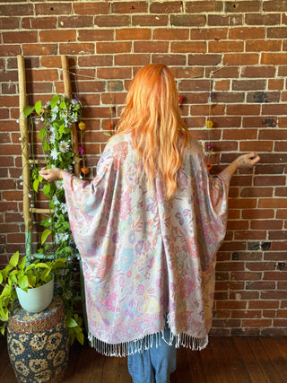 Bright Wildflower Goddess Flowy Woven Fringe Kimono Ruana - Made In Canada