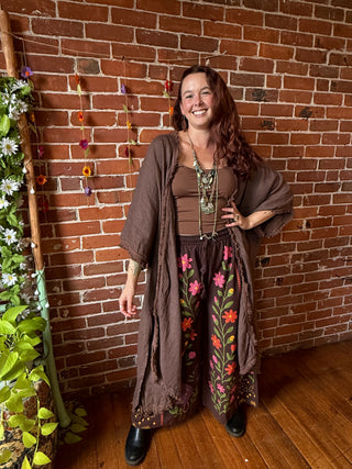 100% Linen Fringe Detail Long Kimono Robe - Made In Italy - Multiple Colors Available