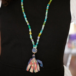 Upcycled Kantha Blues Greens Sari Tassel Necklace-Fair Trade Made