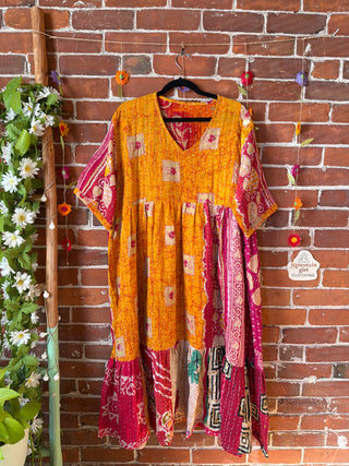 Coffee In The Morning Kantha Dress - Fits up to 3X - 100% Cotton- Fair Trade Made