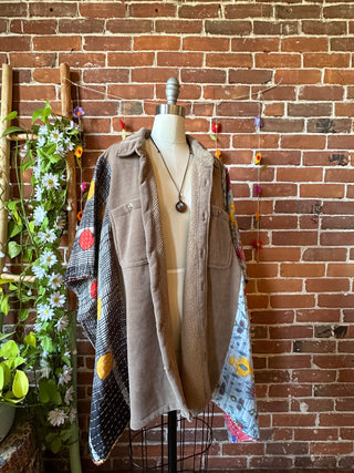 OOAK Autumn Collection - Upcycled Fleece + Kantha Button Up Poncho Jacket