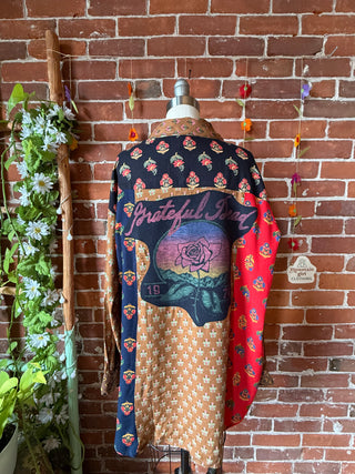 OOAK Autumn Collection- Size S/M Upcycled Flowy Patchwork Grateful Dead Inspired Button Up Top