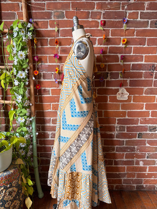 Size Small-Medium Blue Brown Meadow Mosaic 100% Cotton Halter Dress - Fair Trade Made