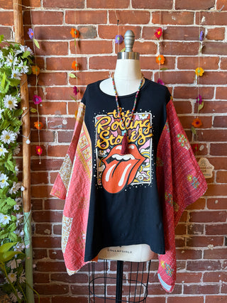 OOAK Summer Collection- Upcycled Rolling Stones Kantha Poncho Tee