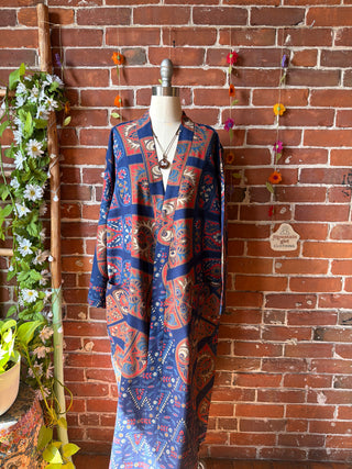 Blue Red Brown Mandala Long Tapestry Robe Kimono with Pockets and Belt