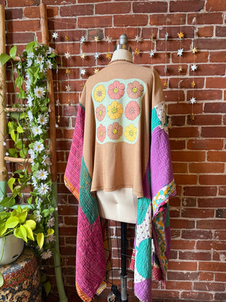 OOAK Winter Collection - Upcycled Waffle Knit Kantha Poncho Hi Lo Kimono