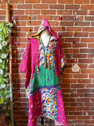 Sierra Dreams Reversible 100% Cotton Kantha Poncho Tunic Hoodie Beach Coverup - Fair Trade Made