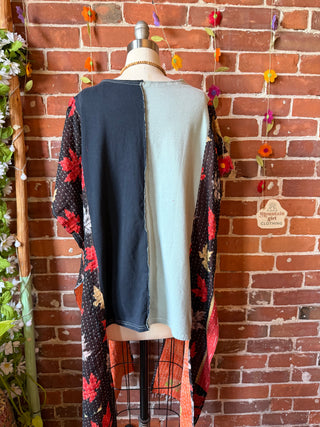 OOAK Summer Collection- Upcycled Motorcycle Kantha Poncho Hi Lo Tee