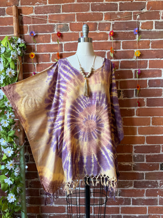Spiral Earthy Dusk Tie Dye Fringe Poncho