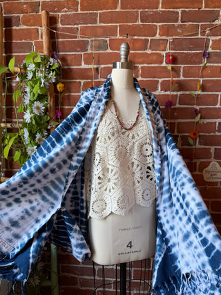 Indigo Sky Fringe Tie Dye Cocoon Shawl Coverup Kimono - 100% Cotton