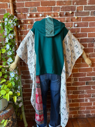 OOAK Autumn Collection- Upcycled Organic Cotton + Kantha Poncho Hi lo Hoodie
