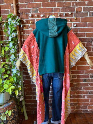 OOAK Autumn Collection- Upcycled Organic Cotton + Kantha Poncho Hi lo Hoodie