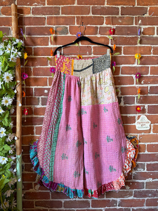 Coffee In The Morning Kantha Ruffle Wide Leg Lounge Pants - Fits up to 2X - Fair Trade Made