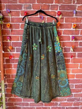 Embroidered Bohemian Spring Wide Leg Lounge Pants - Green 100% Cotton