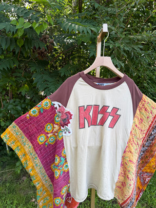 OOAK Summer Collection- Upcycled KISS Inspired Vintage Embroidered Flower Patch Kantha Poncho Tee