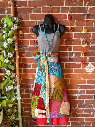 Reversible Upcycled Sari Silky Patchwork Wrap Skirt - Fair Trade Made