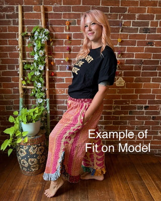 Coffee In The Morning Kantha Ruffle Wide Leg Lounge Pants - Fits up to 2X - Fair Trade Made