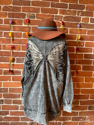 Solstice Butterfly Wing Cut Out Charocal Mineral Wash Top