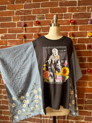 Daisy Dolly Parton Inspired Blue Embroidered Poncho