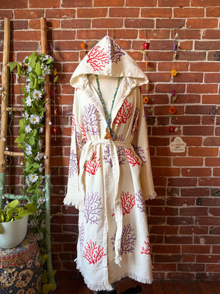 Coral Pattern 100% Cotton Hoodie Kimono Robe  - Fair Trade Made