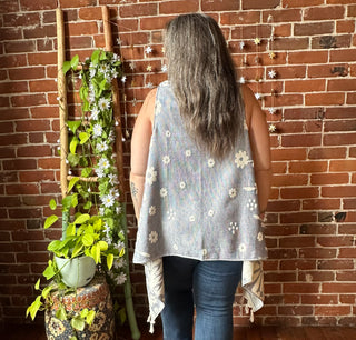 Blue Sky Flowers Fringe Duster Reversible Vest - 100% Cotton