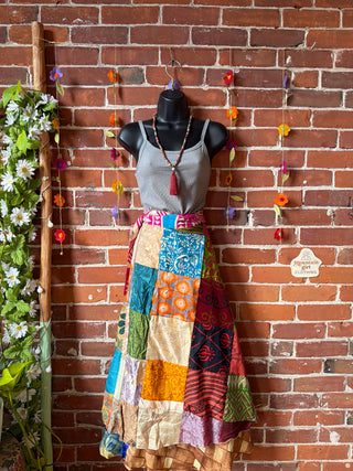 Reversible Upcycled Sari Silky Patchwork Wrap Skirt - Fair Trade Made