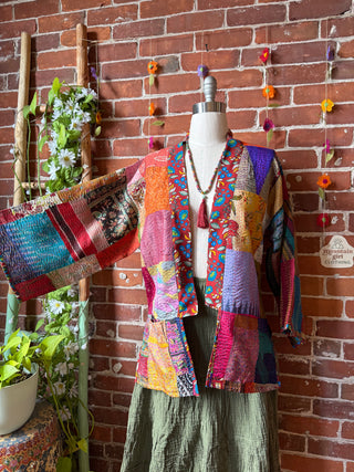 100% Silk Solstice Reversible Kantha Kimono Patchwork Jacket - Fair Trade Made