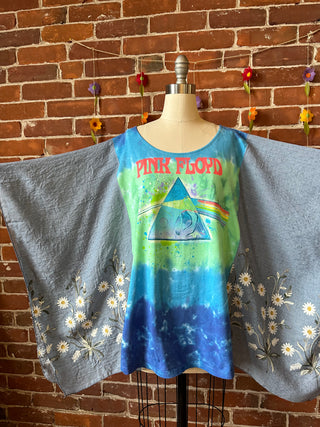 Upcycled Pink Floyd Inspired Watercolor Daisy Embroidered Poncho Top