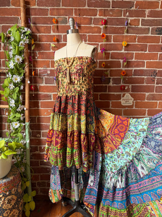 Sunlit Grove Tiered Patchwork Hi Lo Recycled Sari Dress