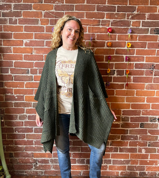 Moss Green Chunky Knit Soft Poncho With Pockets