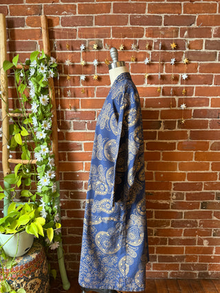 Gold + Navy Mandala Long Tapestry Robe Kimono with Pockets and Belt