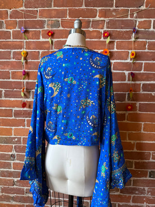 Blue Sun, Moon + Stars Celestial Cropped Bell Sleeve Wrap Top