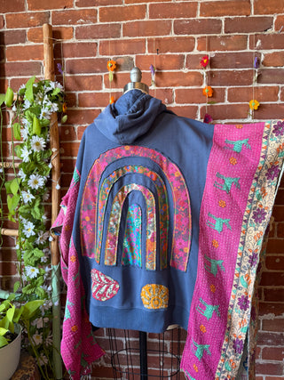 OOAK Summer Collection- Upcycled Rainbow Patchwork Kantha Hi Lo Hoodie