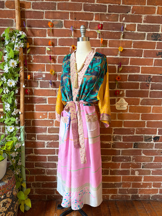 Summer Dreams 100% Sari Silk Robe Kimono w/ Pockets + Belt - Fair Trade Made