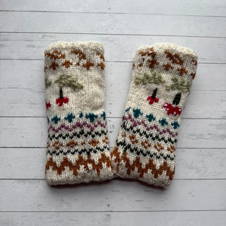 Mushroom Fair Isle Fleece Lined Wool Handwarmers / Fingerless Gloves