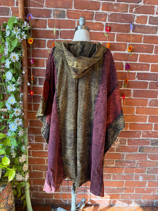 Juniper Patchwork Poncho Hoodie- Maroon Brown/ Earth Tones