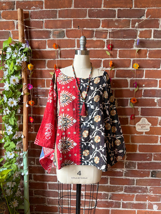 OOAK Spring Collection - Reversible Cosmic Drift Kantha Poncho Top - 2 Tops in 1!
