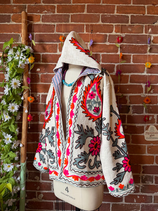 Harvest Bloom Suzani Embroidered Hooded Jacket - Fair Trade Made- Multiple Colors Available- 100% Cotton