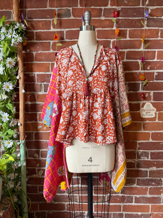 OOAK Autumn Collection- Upcycled Block Print Kantha Hi Lo Poncho Top