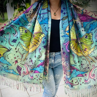 Pashmina Scarf / Wall Hanging / Rainbow Luna Moth / Original Art By Melanie Bodnar-Final Sale
