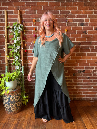 Nomad Linen Split Maxi Top -Moss- Made in Italy