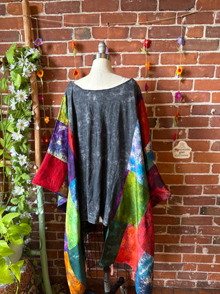 OOAK Autumn Collection- Def Leppard Inspired Upcycled Silk Patchwork Tie Dye Hi Lo Poncho Top